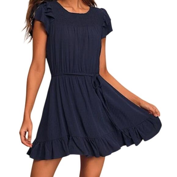 Lulus Flirtatious Feelings Navy Blue Swiss Dot Ruffled Mini Dress Small - Picture 11 of 11